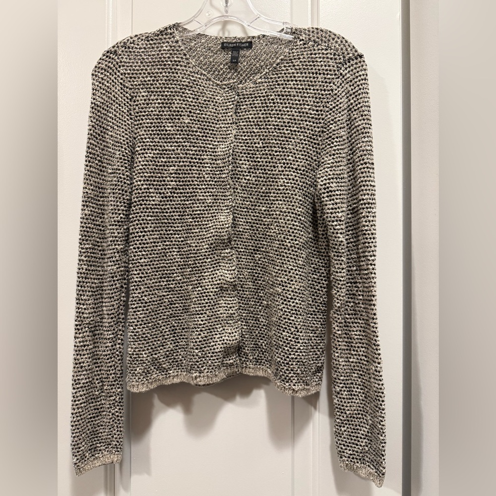 Eileen Fisher Gray and Cream Knit Sweater Cardigan, Small Petite